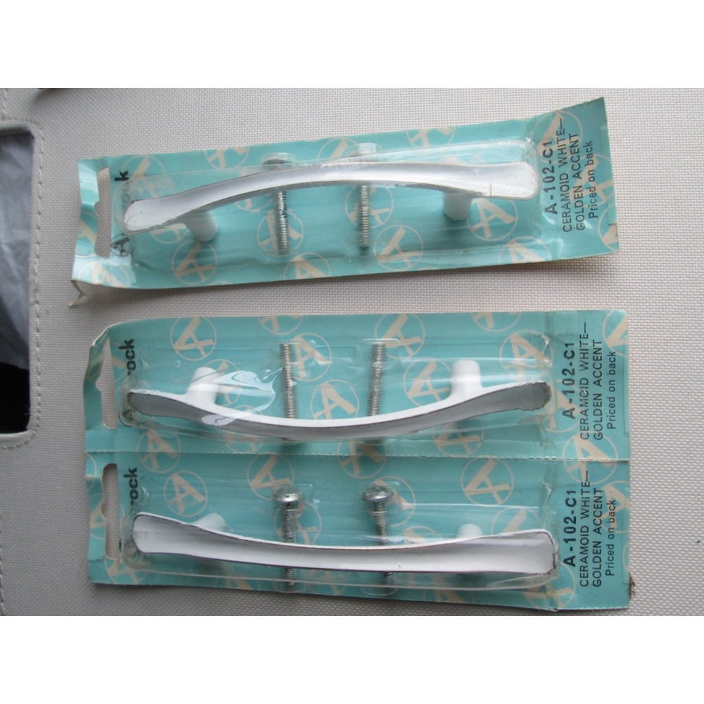 3 NIP Vintage Amerock A-102-C1 White Ceramoid Cabinet Pull Handle Die Cast‎